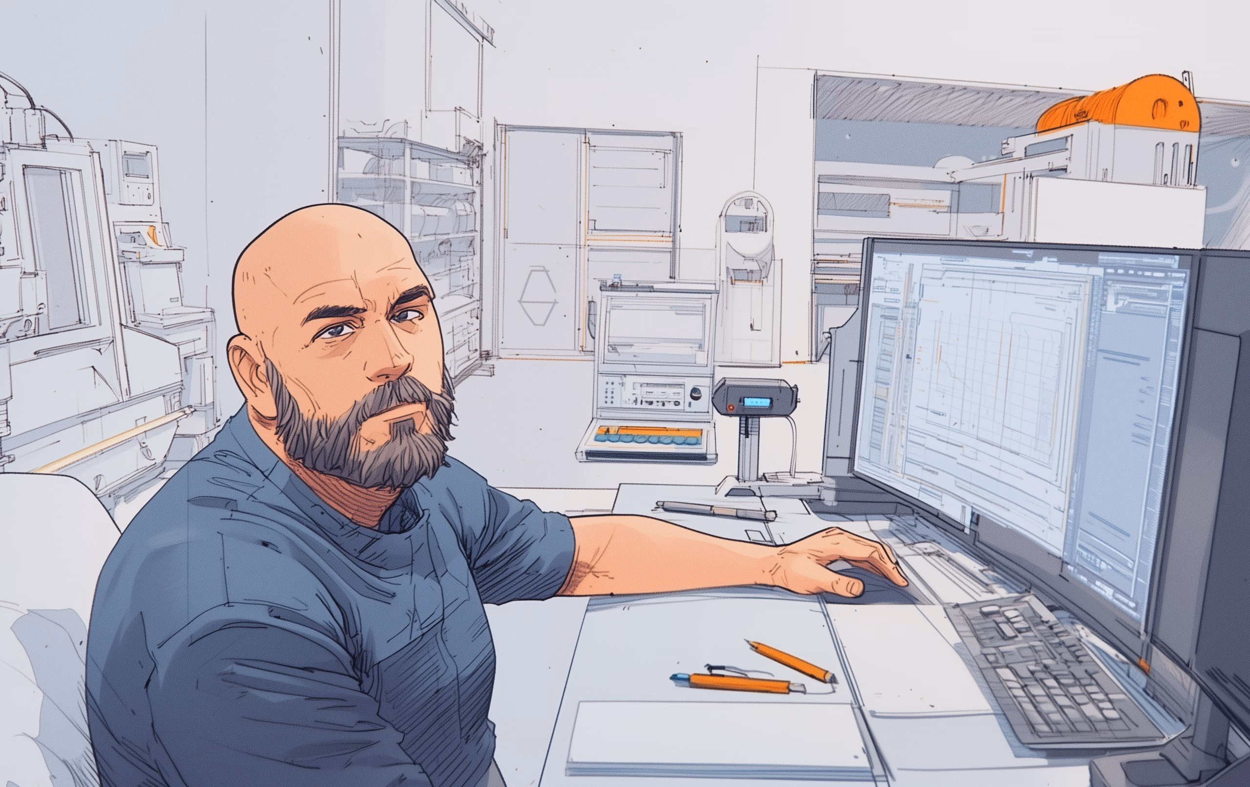 Operator maszyny CNC zaprasza do współpracy, wskazując na stół roboczy maszyny CNC.